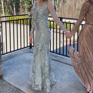 Mac Duggal Beaded Lace V-Neck Gown